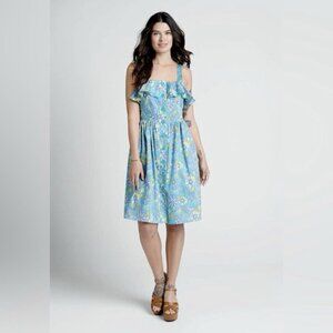 ModCloth Beckoning The Berkshires Fit and Flare Dress Floral Turquoise Blue